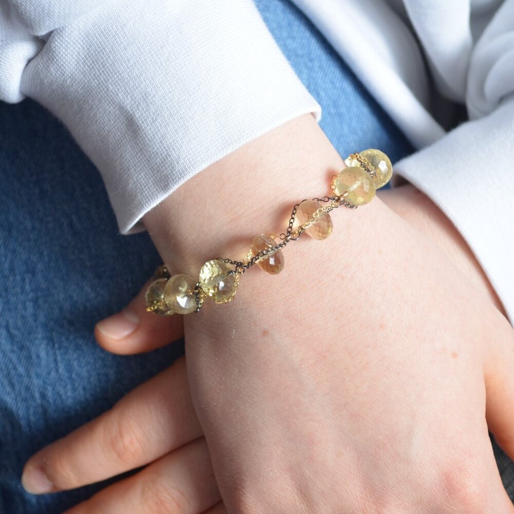 Lemon Quartz Bracelet with Gold and Black Chain and Toggle